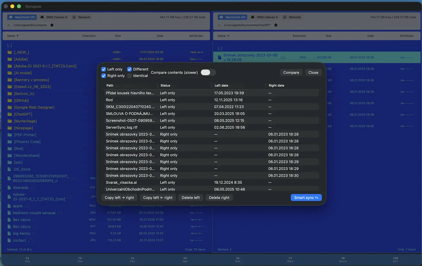 Synapse folder comparison view